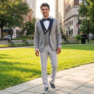 New 2026 Mens 3pc Windowpane Silver Suit Set, Skinny Fit